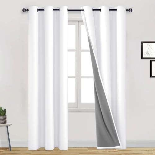 DWCN 100% Blackout Curtains for Bedroom Thermal Insulated 2 Panels Draperies 84 Inch Length Set of 2 Panels Grommet Top with Black Liner for Room Darkening and Sun Blocking (White,42" W x 84" L)