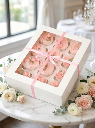 Image of Bakepacker Auto-pop up 12 Cupcake Containers 6-Packs White Cupcakes Carrier, 12 Cupcake Boxes with Window 13 inchx10 inchx3.5 inch