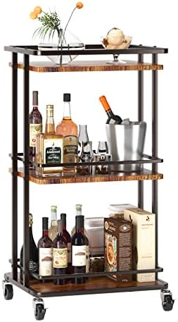 OKZEST 3 Tier Bar Cart for Home, Rolling Mini Liquor Bar for Wine Beverage Dinner Party, Utility Kitchen Storage Island Serving Cart on Wheels, Coffee Bar Cabinet for Kitchen Dining Living Room, Brown