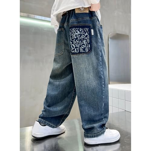 Boys Baggy Jeans Straight Wide Leg Elastic Waist Denim Pants Kids Classic Distressed Casual Washed Fall Trousers2