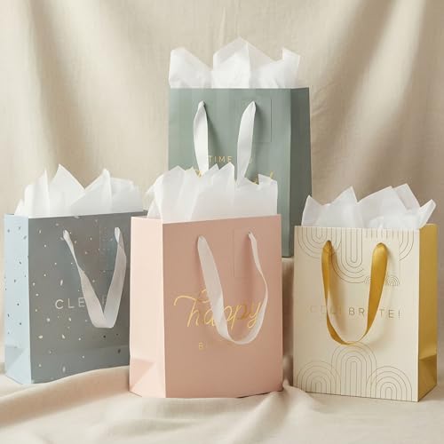 Beautiful Birthday Gift Bags Set of 4 - Medium Sized 9 Gift Bags with Handles incl. Matching Tissue Paper Cards & Stickers - Reusable & For Presents of Any Weddings Mothers Day or Other Occasion