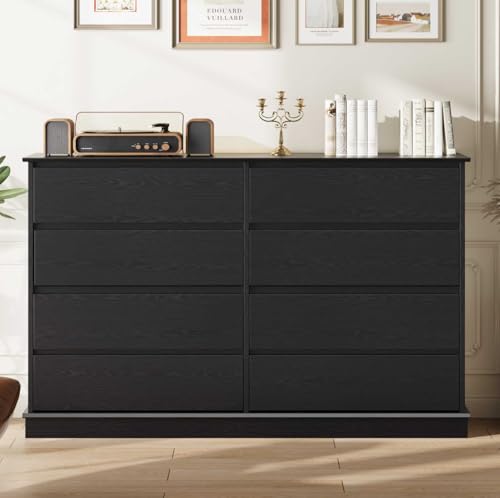 GAOMON Black 8 Drawer Dresser for Bedroom, Wide Wooden Chest of Drawers with Wide Top for Closet...