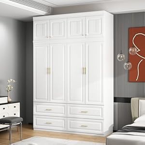 MOUMON 4 Door Wardrobe Closet with Drawers Shelves Armoire Wardrobe Closet with Hanging Rod Wardrobe Cabinet with Gold Metal Handles Top Cube Storage White 63W x 206D x 939H