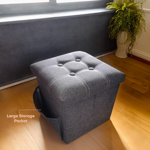 Decor & More Engineered Wood Ottoman Cube, 30*30*30Cm Foldable Storage Box,Footrest Ottoman With Storage Step Stool,Padded Seat With Pocket For Living Room,Foldable Table For Bedroom | Set Of 1 Grey