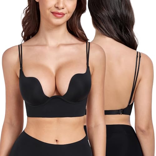 DotVol Women's Push-Up Plunge U-Neck Backless Low Cut Underwire Bra with Convertible Straps(Black V, 38D)