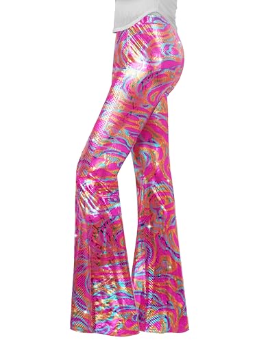 Nawgut Sequin Flare Pants Sparkly Glitter High Waisted Bell Bottoms Leggings Party Disco Clubwear for Women-Medium Rose