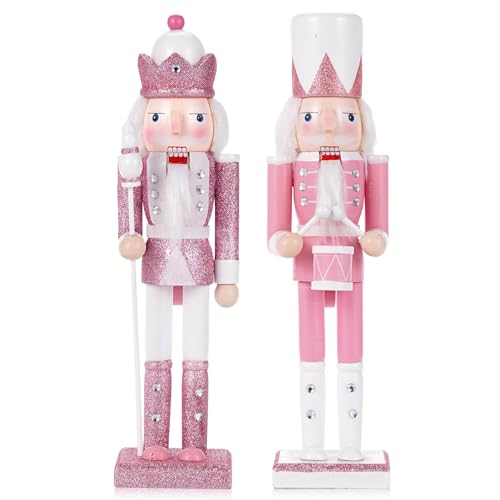 VorFor 2-Piece Set of Pink King+Drum Soldier Nutcracker Soldier,30CM Nutcracker Christmas Decorations,Wooden Home Decoration Gift,Home Fireplace Christmas Decorations.