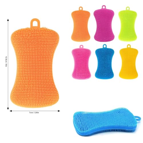 6 PCS Silicone Dish Sponges, Super Durable Safe and Dry Fast Silicone Sponge, Multi-Purpose Sponge Kitchen Gadgets, Reusable Rubber Kitchen Dish Dishes Fruits Vegetables Washing Cleaning Sponge Brush.