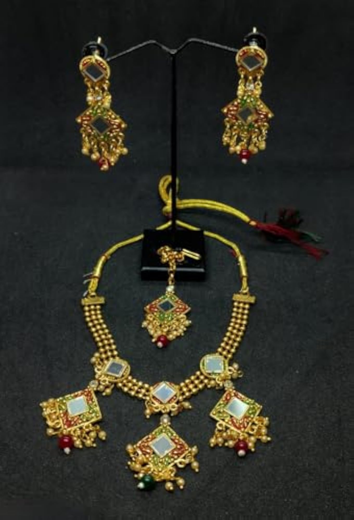 Gold Toned Pearl Choker Necklace with Earrings & Maangtika Set