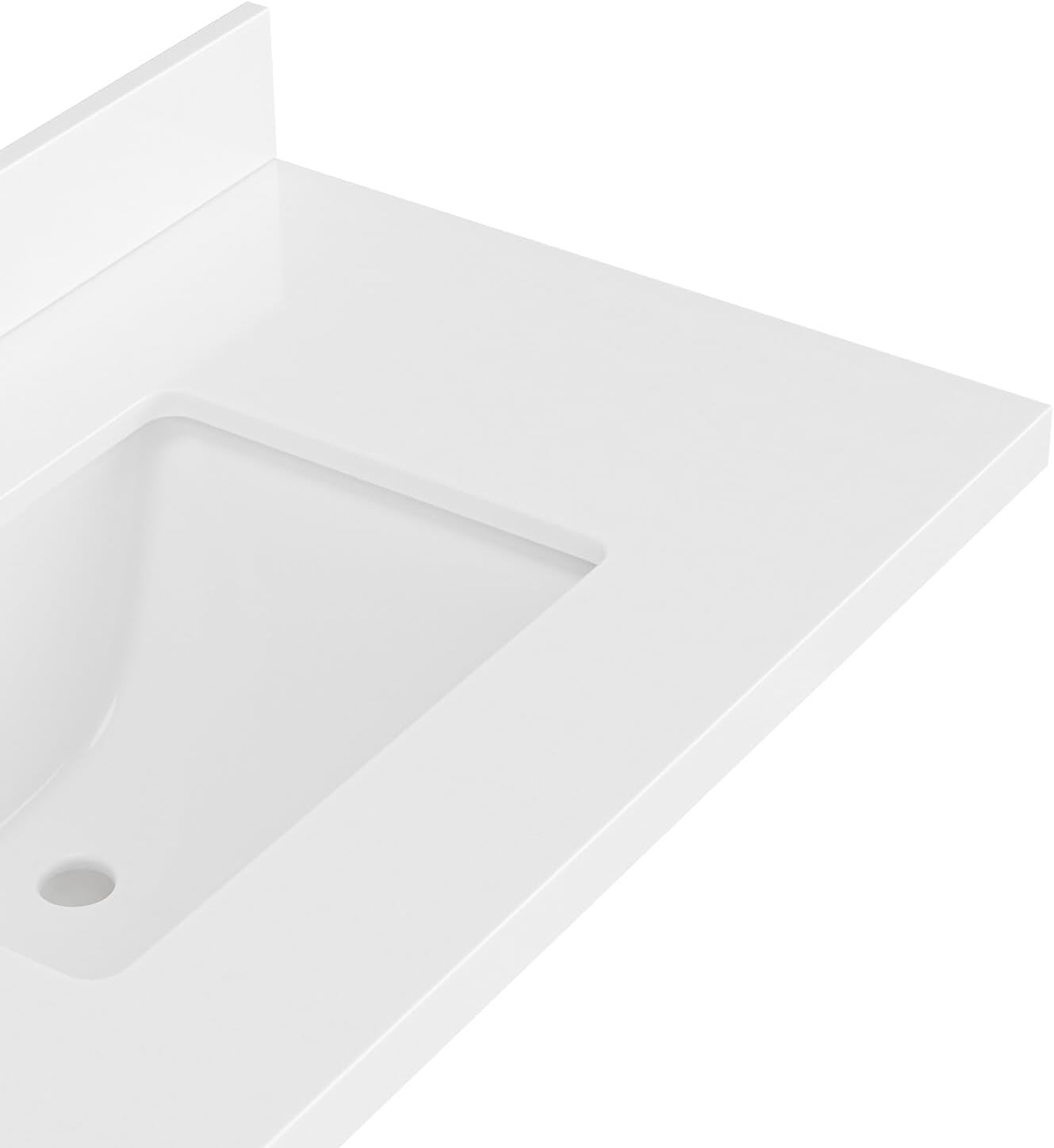 ARIEL 36 inch Bathroom Vanity top with Sink, 1.5 Inch Thick Miter Edge White Quartz top, Rectangle Single Porcelain Sink, Includes Backsplash