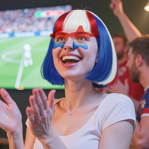 Image of ANOGOL Hair Cap+ (Sunglasses) Blue Red and White Bob Wig 4th of July Wig Synthetic Hair Short Patriotic Wigs for Independence Day Blue Red White Flag Wigs for Halloween Party Costume Outfit