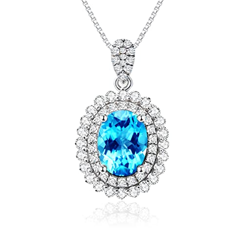 JIANGXIN Fine Jewellry for Women 925 Sterling Silver Pendant Necklace Princess Diana Gemstone Design Birthstone Swiss Blue Topaz 40-45cm Adjustable Chains