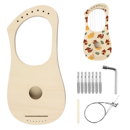Goghost Lyre Harp 7 String DIY Kit Wooden Instrument Kit Handmade with Basswood Body Strings Tuning Wrench Saddle Bridge Pins Easy Assembly for Beginners and DIY Enthusiasts