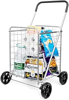 supenice Grocery Utility Shopping Cart - Deluxe Utility Cart with Oversized Basket and Tool Free Installation Light Weight Folding Cart with Wide Cushion Handle Bar for Laundry Book Luggage Travel