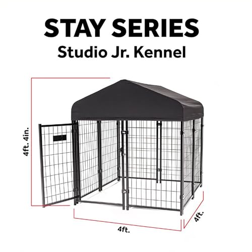 Lucky Dog Stay Series 4 by 4 by 4.3 Feet Studio Jr. Black Powder Coat Steel Frame Outdoor Dog Kennel with Waterproof Canopy Roof and Gate Door, Khaki - Thumbnail 6