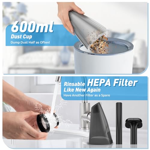 Handstaubsauger Kabellos, Leistungsstarker 120W Handstaubsauger Akku , 60 000 U/min & 9 000 Pa Kraftvolle Reinigung, USB Aufladung, 3 Saugdüse & 2 Waschbaren Filtern, für Auto Hause, 0,6kg Leicht