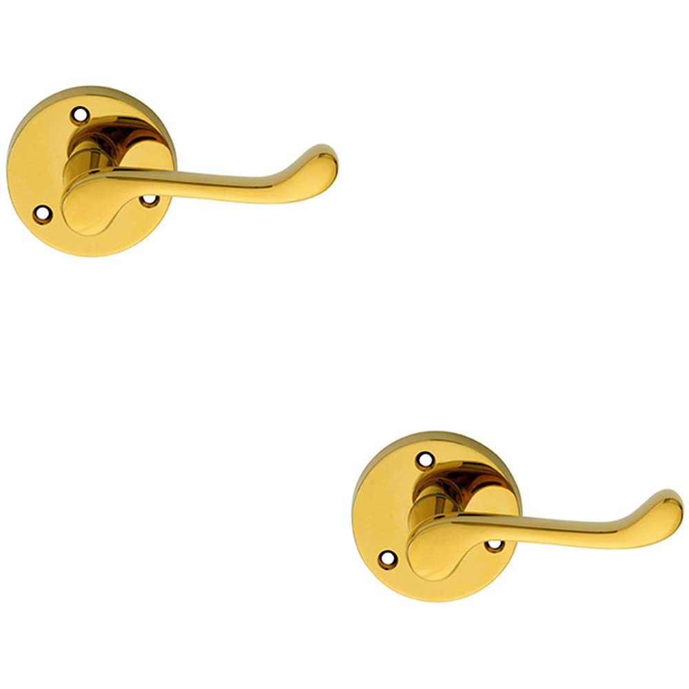 Loops Polished Brass 2 Pack | Pair Victorian Scroll Lever On 58Mm Round Rose - Door Handle | Traditional Door Handle Lever On Screwless Rose - Internal Door Hardware - Screws, Fixings And Spindle Included