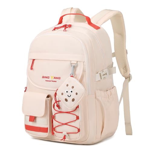 Amythe Schultasche Mädchen, Schulranzen für Mädchen 1.3.5. Klasse, Großer Kinderrucksack mit Niedlichem Münzbeutel, Lässiger Rucksack für Mädchen 8-14 Jahre mit Vielen Fächern, Beige