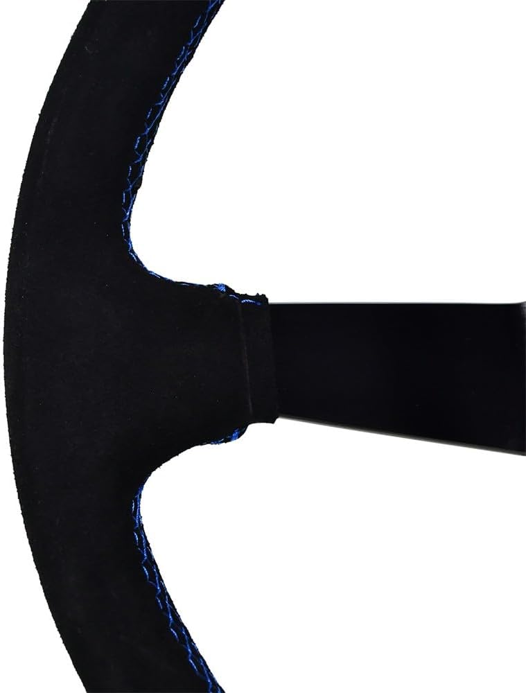 Racing Adventure Car Steering Wheel 350mm 14" Black Suede Grip Aluminum Frame (3" Deep) Sports Drifting Reinforced Steering Wheel with Horn Button Blue Center Mark with Blue Stitching