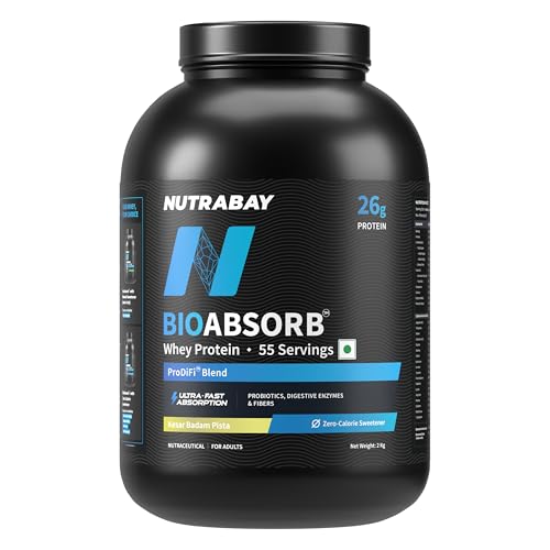 Nutrabay BioAbsorb™ Whey | ProDiFi™ for Ultra-Fast Absorption | 26g Protein | Kesar Badam Pista, 2kg | No Bloating | No Added Sugar | Fast Recovery | India's 1st Blend of Fiber, Probiotics & Enzymes