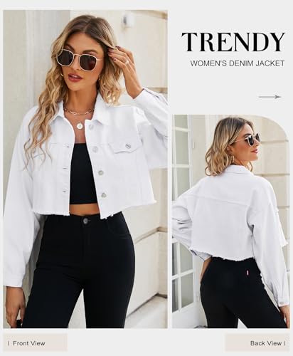 LONGYIDA Women's Cropped Denim Jacket | Distressed Button-Down Jean Jacket | Long Sleeve Ripped & Frayed Blue Coat2