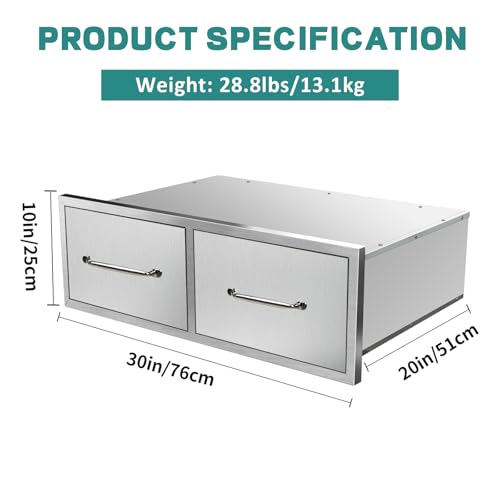 Image of Outdoor Kitchen Drawers 30 inch W x 10 inch H x 20 inch D Stainless Steel Drawer Horizontal Double Drawers with Chrome for Outdoor Kitchen Island, Patio Grill Station