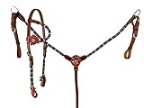 Showman Single Ear Beaded Leather Headstall & Breast Collar Set w/ 3D Leather Flower Accents, Average Full Size Horse