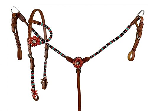 Showman Single Ear Beaded Leather Headstall & Breast Collar Set w/ 3D Leather Flower Accents, Average Full Size Horse