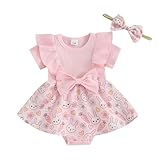 Karuedoo Newborn Baby Girl Easter Romper Dress Ruffle Short Sleeve Bunny Eggs Print Jumpsuit Bodysuit with Headband (A-Pink, 6-9 Months)