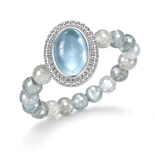 ANNIE WU Natural Aquamarine Beaded Ring for Women, Oval Aquamarine Gemstone with Faceted Tremolite Beads, Handmade Stretch Crystal Ring, Adjustable Stackable Jewelry Gift