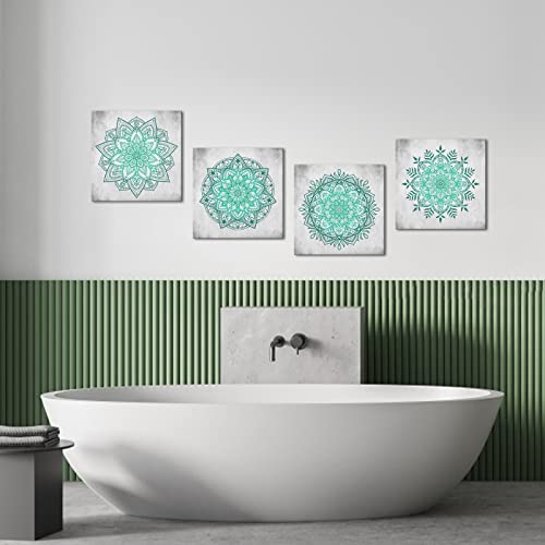 Homeoart Boho Decor Mandala Flower Painting Teal Grey Wall Art Boho Floral Art Canvas Prints Bedroom Living Room Home Wall Decor 12"X12"X4 Pcs #TOP1