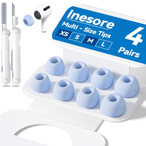 Inesore【4組】イヤーピース AirPods Pro 2/1 対応 (XS/S/M/Lサイズ 各1ペア) 携帯用収納ケース & クリーニングペン、ノイズ低減穴と内蔵防塵スクリーンを備えており、Apple AirPods Pro 交換用 イヤーチップ 説明書付き -スカイブルーの商品画像（Amazon）