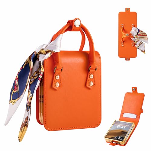 Image of for Samsung Galaxy Z Flip 7 Case, Cute Mini Handbag Wallet Phone Case with Card Holder, Silk Scarf & Handle Strap, Luxury PU Leather Protective Cover - Orange