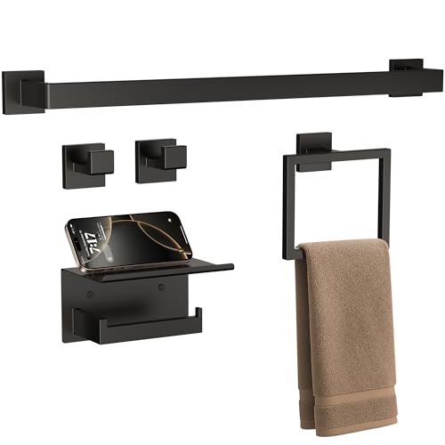 5-Piece 23.6 Inch Matte Black Bathroom Accessories Set, Bathroom Hardware Set, Stainless Steel Bath Towel Bar Set, Toilet Paper Holder with Shelf, Towel Hooks, Towel Ring Wall Mounted