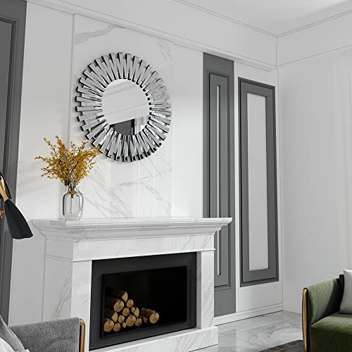Shyfoy 24 Inch Wall Mirrors Decorative Round Sunburst Mirror For Wall Decor Modern Silver Glass, Wall-Mounted Beveled Hanging Circle Accents Mirror For Living Room Bathroom Bedroom Fireplace #TOP5