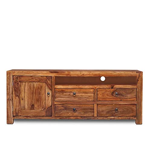 MH Decoart Sheesham Wood TV Stand Home Entertainment Unit Cabinet with 1 Door and 4 Drawer Storage for Home Living Room Bedroom Hall Wooden Furniture (Brown Finish)