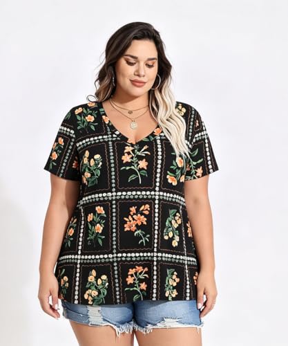 Image of RITERA Women Plus Size Tops Tie Dye V Neck Shirt Floral Camo Summer Short Sleeve Tunic Oversized Ladies Blouse XL-5XL