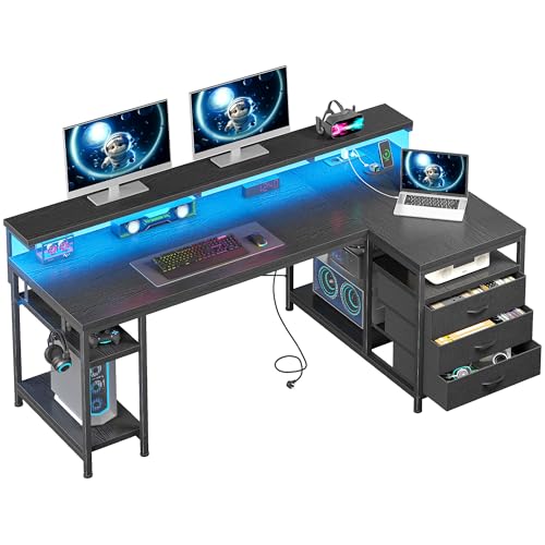 Klyvvo Escritorio L con 3 Cajones, 120x80 Mesa Escritorio Gaming en L con LED, Soporte para Monitor, 2 Enchufes y 2 Puertos USB, Mesa en L para Trabajo y Juegos, para Oficina, Estudio y Cámara de Cama