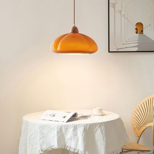 Lustre réglable en hauteur verre orange et bois noble - 4