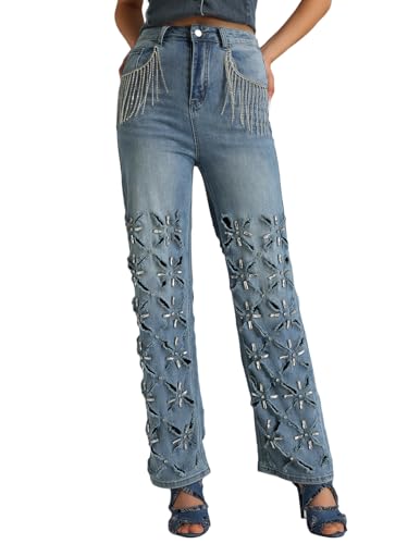 BELLA BARNETT Diamante Ripped Jeans Womens Tassel Straight Leg Pants for Women