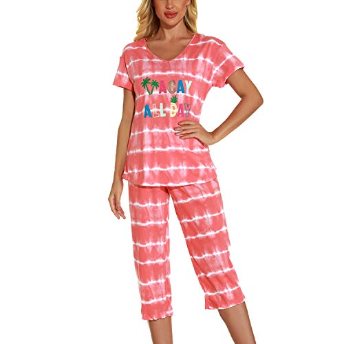 Lu's Chic Women's Cute Pajama Set Soft Cotton Capri Short Sleeve Comfy Pjs Pant Two Piece Sleepwear3