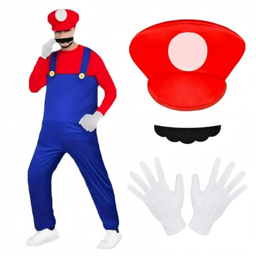 BSBUY Disfarce Mario Bros, Conjunto de acessórios Mario e Luigi Classic com luvas, bigode e boné vermelho, para Halloween, carnaval e Natal, cosplay para homem, mulher, adulto, crianças