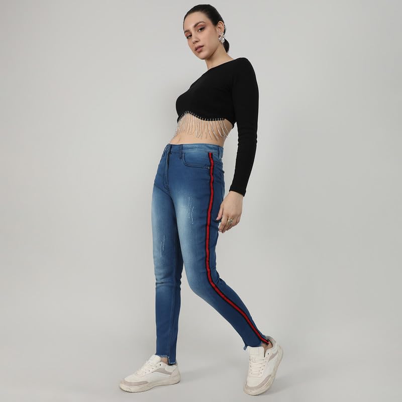 Image of PINACOLADA Women's Side-Striped Denim Jeans for Casual Wear | Light-Wash | Regular Fit | Button Closure | Cotton Denim Jeans Crafted with Comfort Fit for Everyday Wear
