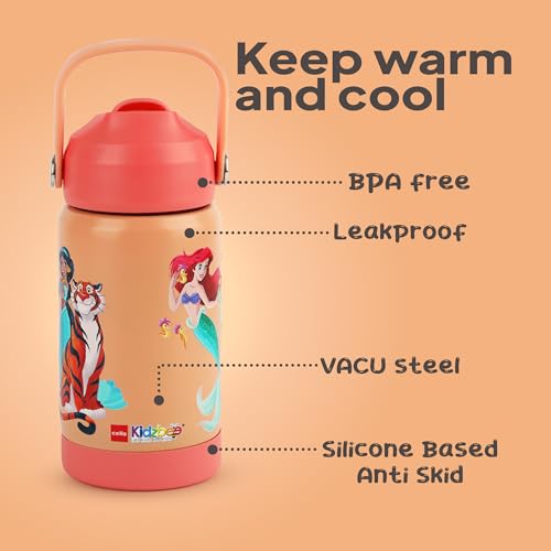 Image of CELLO Kidzbee Gen Alpha Stainless Steel Kids Flask Water Bottle 370 ml | 3D Princess Touch & Feel Design, Leakproof Lightweight Easy to Carry Hot and Cold Kids Flask Water Bottle for School & Travel