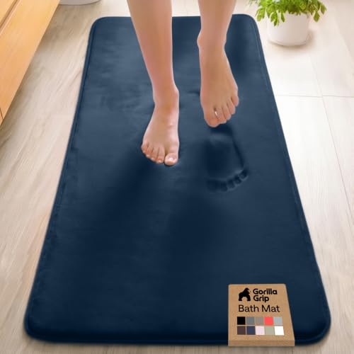 Image of GORILLA GRIP Memory Foam Bath Rugs, Soft Absorbent Velvet Bathroom Mats, Durable Dots on Underside, Machine Washable Bathmat, Carpet Rug Room Decor for Shower Floor, 60x24 Mat, Navy Blue