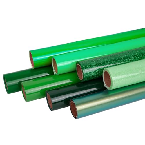 FUNKAKA Green Heat Transfer HTV Vinyl Bundle, 8 Rolls 12" x 3ft St. Patrick Iron On Vinyl for T-Shirt 8 Assorted Colors HTV for All Cutter Machines Easy to Cut