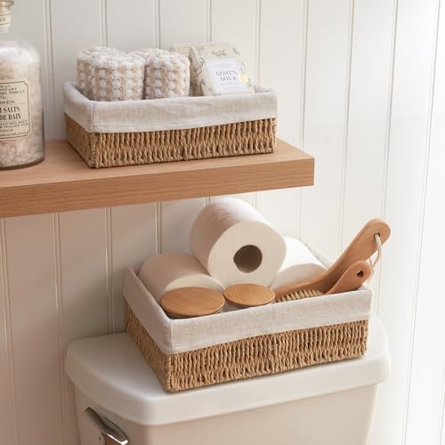 Beautiful Toilet Paper Storage Basket Set of 2 – Decorative Wicker Bathroom Organizer for Toilet Tank Trays - Quality Holder Bin for Shelves Fits Perfectly with Any Bathroom Decor