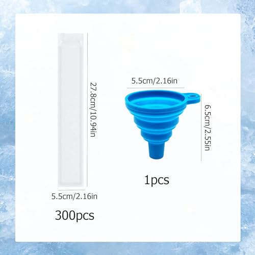 SJUNJIE 300 Stück Wassereis Tüten Wiederverwendbar Wassereis Tüten mit Trichter Popsicle Taschen 5.5x28cm Geeignet für Selbstgemachtes Eis Joghurtriegel Fruchtsmoothies und Säfte