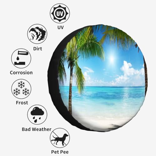 Image of Palms and Beach Spare Tire Cover Tropical Landscape Caribbean Wheel Covers for RV Tires Camper Tire Case Protectors for Trailer Rv SUV Truck Travel Trailer 15 in
