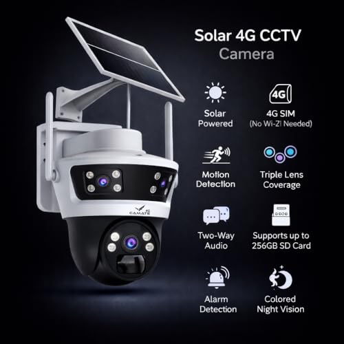 Image of Camate Phoenix 4G SIM Based Solar CCTV Camera 2+2+2MP Triple Lens | 180 Ultra Wide + PTZ 350 /90 | No WiFi Outdoor Security Camera with Two Way Audio, Color Night Vision, Motion Alarm